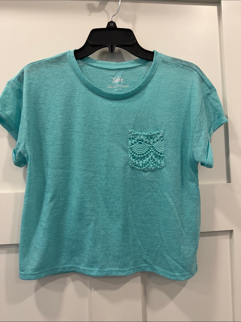 Justice Teal Short Sleeve Tee with Lace Pocket